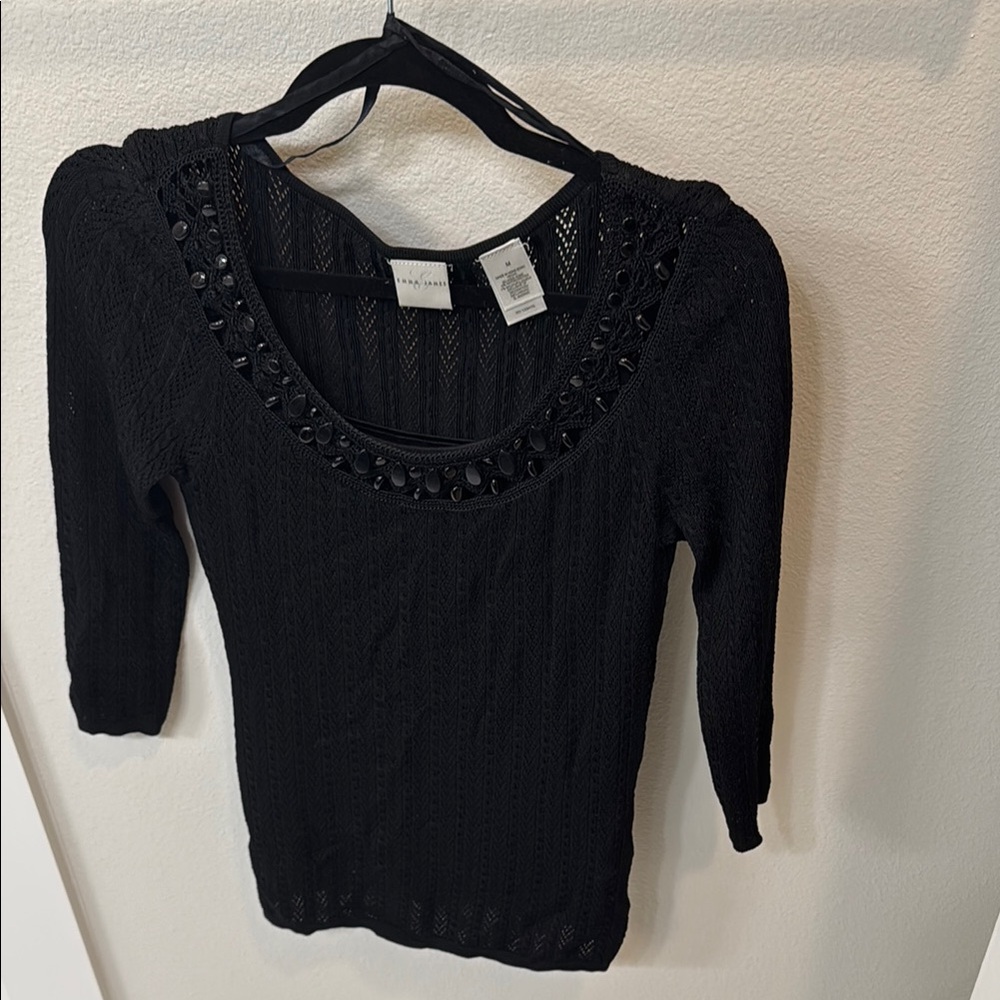 Emma James Sz Medium Black Knit Top with Beaded Neckline
